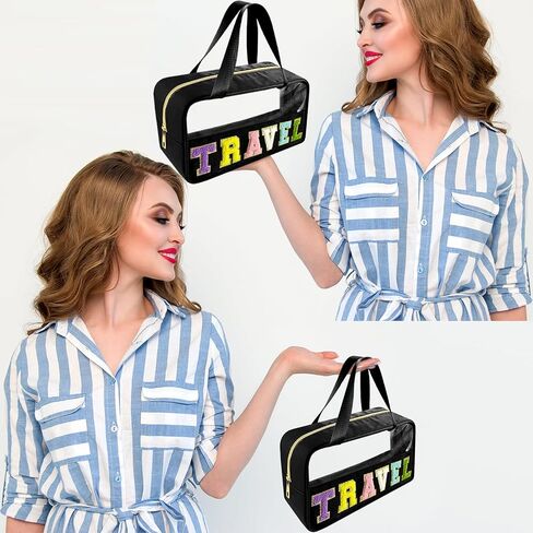 Chenille Letter Clear Makeup Bag Hair Patch, Travel Toiletry Makeup Bag with Handle, Nylon Waterproof Makeup Bags clear cosmetic bag, preppy patch makeup bag for Women (HAIR-Beige) in Saudi Arabia