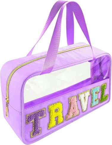 Chenille Letter Clear Makeup Bag Hair Patch, Travel Toiletry Makeup Bag with Handle, Nylon Waterproof Makeup Bags clear cosmetic bag, preppy patch makeup bag for Women (HAIR-Beige) in Saudi Arabia