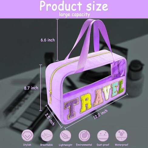 Chenille Letter Clear Makeup Bag Hair Patch, Travel Toiletry Makeup Bag with Handle, Nylon Waterproof Makeup Bags clear cosmetic bag, preppy patch makeup bag for Women (HAIR-Beige) in Saudi Arabia