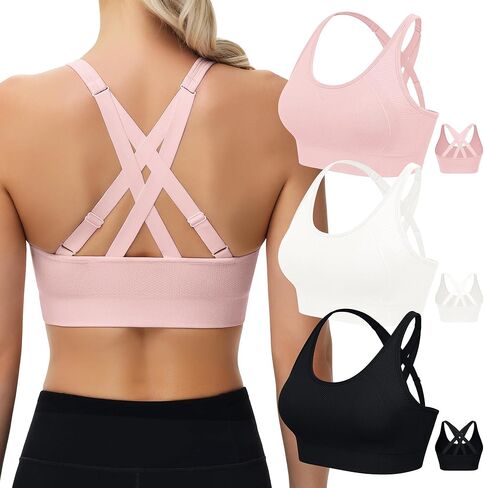 Adjustable Strappy Sports Bras for Women 3 Pack - Wireless Bra Set w/Moisture Control Seamless Gym & Yoga Wear in Saudi Arabia