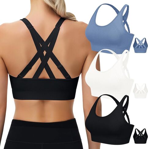 Adjustable Strappy Sports Bras for Women 3 Pack - Wireless Bra Set w/Moisture Control Seamless Gym & Yoga Wear in Saudi Arabia