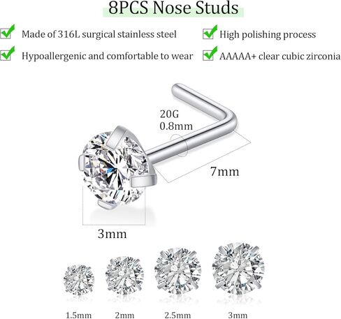 16PCS Nose Rings Studs, 20G Nose Screw Studs Hypoallergenic 316L Surgical Stainless Steel 14K Gold Plated CZ Body Piercing Jewelry L Shape & Corkscrew Stud for Women Men in Saudi Arabia