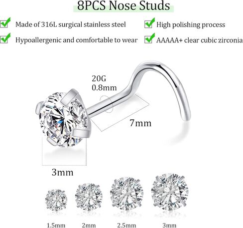 16PCS Nose Rings Studs, 20G Nose Screw Studs Hypoallergenic 316L Surgical Stainless Steel 14K Gold Plated CZ Body Piercing Jewelry L Shape & Corkscrew Stud for Women Men in Saudi Arabia