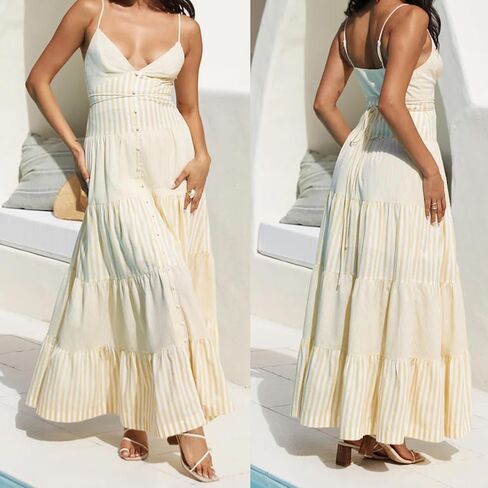 Women Boho Floral Maxi Dress Y2k Sleeveless Tie Shoulder Tiered Ruffle Long Dresses Summer Beach Sundress in Saudi Arabia