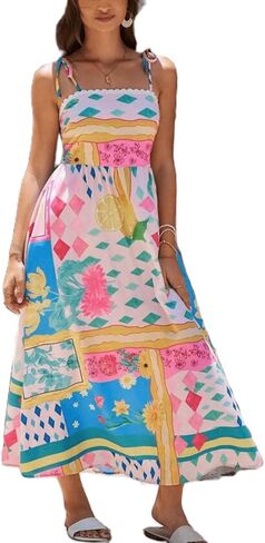 Women Boho Floral Maxi Dress Y2k Sleeveless Tie Shoulder Tiered Ruffle Long Dresses Summer Beach Sundress in Saudi Arabia