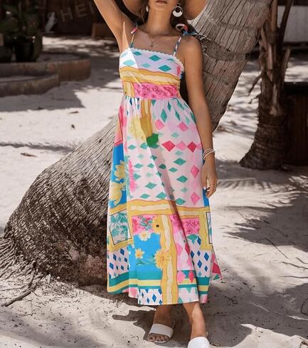 Women Boho Floral Maxi Dress Y2k Sleeveless Tie Shoulder Tiered Ruffle Long Dresses Summer Beach Sundress in Saudi Arabia