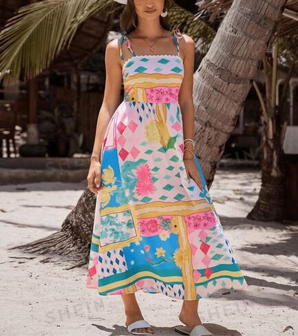 Women Boho Floral Maxi Dress Y2k Sleeveless Tie Shoulder Tiered Ruffle Long Dresses Summer Beach Sundress in Saudi Arabia