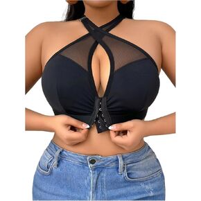 SOLY HUX Plus Size Bras for Women Front Closure Mesh Criss Cross Halter Wireless Bra Comfort Bralette in Kuwait