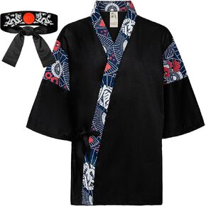 Japanese Sushi Restaurant Chef Coat Uniforms, 3/4 Sleeve Kimono Floral Workwear Jacket with Dragon Black Headband in Saudi Arabia