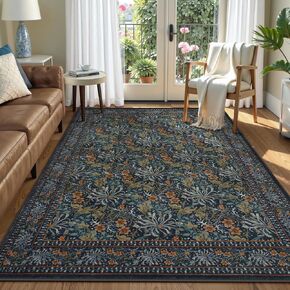 Collive Dark Green Rugs for Living Room, Washable Large 8x10 Area Rug, Vintage Floral Boho William Morris Botanical Rug, Soft Non Slip Stain Resistant Carpet for Bedroom Dining Room Office, Navy Blue in Kuwait