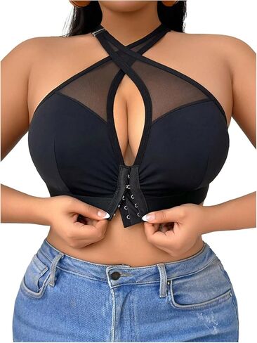 SOLY HUX Plus Size Bras for Women Front Closure Mesh Criss Cross Halter Wireless Bra Comfort Bralette in Kuwait
