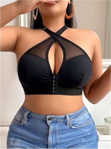 SOLY HUX Plus Size Bras for Women Front Closure Mesh Criss Cross Halter Wireless Bra Comfort Bralette in Kuwait