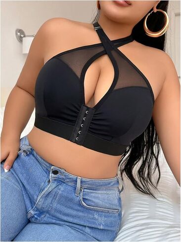 SOLY HUX Plus Size Bras for Women Front Closure Mesh Criss Cross Halter Wireless Bra Comfort Bralette in Kuwait