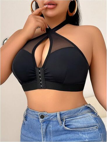SOLY HUX Plus Size Bras for Women Front Closure Mesh Criss Cross Halter Wireless Bra Comfort Bralette in Kuwait