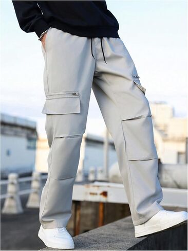 MakeMeChic Men's Cargo Pants Elastic Waist Drawstring Straight Leg Pocket Athletic Jogger Baggy Cargo Sweatpants in Saudi Arabia