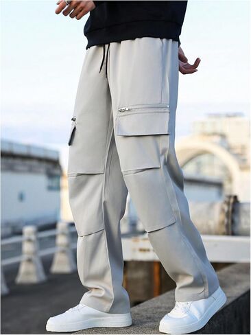 MakeMeChic Men's Cargo Pants Elastic Waist Drawstring Straight Leg Pocket Athletic Jogger Baggy Cargo Sweatpants in Saudi Arabia
