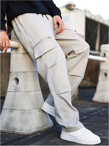 MakeMeChic Men's Cargo Pants Elastic Waist Drawstring Straight Leg Pocket Athletic Jogger Baggy Cargo Sweatpants in Saudi Arabia