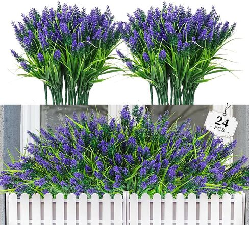 24 Bundles Artificial Flowers for Outdoors, Faux Flowers for Outdoor Planters, Outdoor Faux Plants, UV Resistant Lavender for Garden, Patio, Porch, Window Box, Hanging Planter, Home Decor in Kuwait