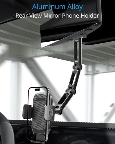 Upgrade Rear View Mirror Phone Holder Mount for Car, Aluminum Multi-Directional metal arms and 360-degree Rotatable Retractable, Essentials Accessories Compatible with iphone android - silvery white in Kuwait