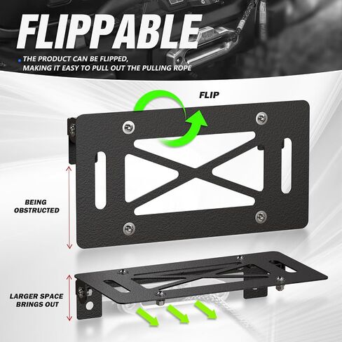 Universal Flip-Up Winch Mounting License Plate Frame Compatible with 10" Hawse Fairlead, Front License Holder Bracket Relocation, Bumper Winch Mount Roller, Fits Most Off-Road Cars Trucks SUVs in Saudi Arabia