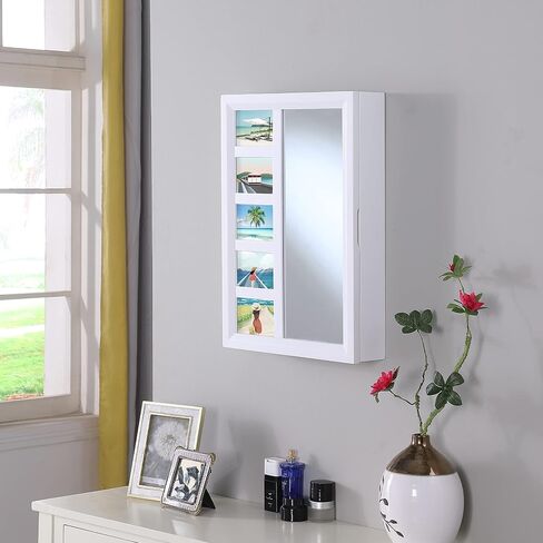 Proman Products Venice Wall Mount Jewelry Armoire ، خزانة المجوهرات ، تخزين المجوهرات WM17231 مع إطار صور ، مرآة ، أدراج ، 16 "W × 23" H x 4.75 "D ، أبيض in Kuwait