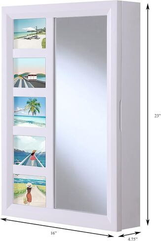 Proman Products Venice Wall Mount Jewelry Armoire ، خزانة المجوهرات ، تخزين المجوهرات WM17231 مع إطار صور ، مرآة ، أدراج ، 16 "W × 23" H x 4.75 "D ، أبيض in Kuwait