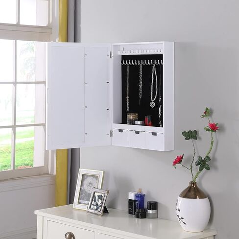 Proman Products Venice Wall Mount Jewelry Armoire ، خزانة المجوهرات ، تخزين المجوهرات WM17231 مع إطار صور ، مرآة ، أدراج ، 16 "W × 23" H x 4.75 "D ، أبيض in Kuwait