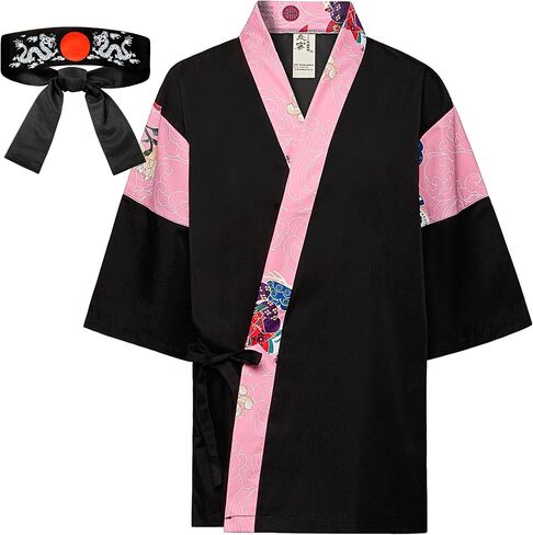 Japanese Sushi Restaurant Chef Coat Uniforms, 3/4 Sleeve Kimono Floral Workwear Jacket with Dragon Black Headband in Saudi Arabia