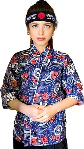 Japanese Sushi Restaurant Chef Coat Uniforms, 3/4 Sleeve Kimono Floral Workwear Jacket with Dragon Black Headband in Saudi Arabia