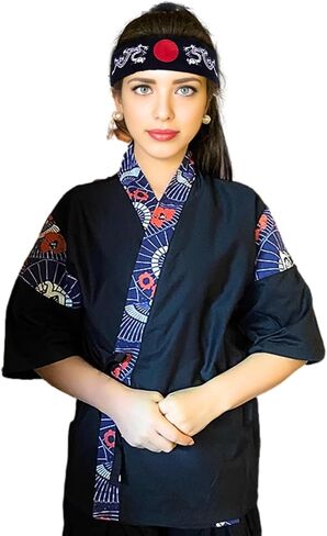 Japanese Sushi Restaurant Chef Coat Uniforms, 3/4 Sleeve Kimono Floral Workwear Jacket with Dragon Black Headband in Saudi Arabia