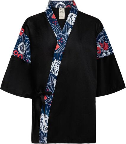 Japanese Sushi Restaurant Chef Coat Uniforms, 3/4 Sleeve Kimono Floral Workwear Jacket with Dragon Black Headband in Saudi Arabia