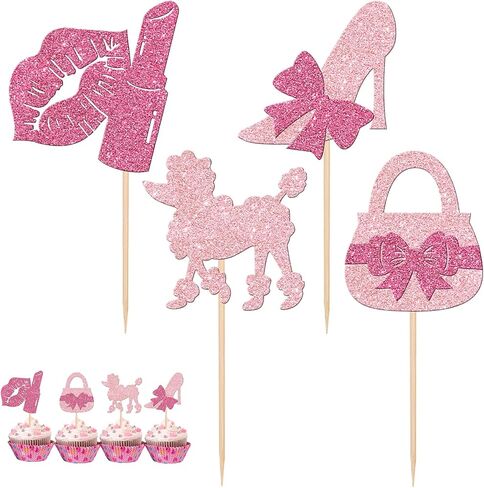 32 PCS Glitter Pink Princess Cupcake Toppers Girl Cupcake Picks Handbag Glasses Bow Tie Lipstick High Heel Cake Decorations for Girl Princess Theme Bridal Shower Wedding Birthday Party Supplies in Saudi Arabia
