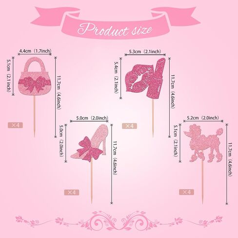 32 PCS Glitter Pink Princess Cupcake Toppers Girl Cupcake Picks Handbag Glasses Bow Tie Lipstick High Heel Cake Decorations for Girl Princess Theme Bridal Shower Wedding Birthday Party Supplies in Saudi Arabia