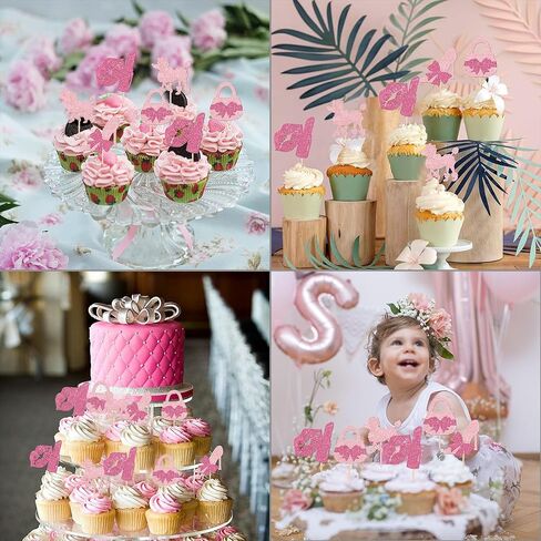 32 PCS Glitter Pink Princess Cupcake Toppers Girl Cupcake Picks Handbag Glasses Bow Tie Lipstick High Heel Cake Decorations for Girl Princess Theme Bridal Shower Wedding Birthday Party Supplies in Saudi Arabia