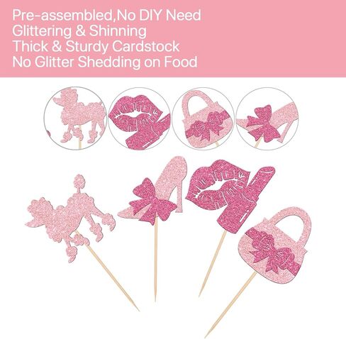 32 PCS Glitter Pink Princess Cupcake Toppers Girl Cupcake Picks Handbag Glasses Bow Tie Lipstick High Heel Cake Decorations for Girl Princess Theme Bridal Shower Wedding Birthday Party Supplies in Saudi Arabia