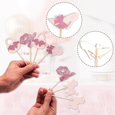 32 PCS Glitter Pink Princess Cupcake Toppers Girl Cupcake Picks Handbag Glasses Bow Tie Lipstick High Heel Cake Decorations for Girl Princess Theme Bridal Shower Wedding Birthday Party Supplies in Saudi Arabia