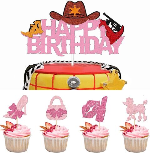 32 PCS Glitter Pink Princess Cupcake Toppers Girl Cupcake Picks Handbag Glasses Bow Tie Lipstick High Heel Cake Decorations for Girl Princess Theme Bridal Shower Wedding Birthday Party Supplies in Saudi Arabia