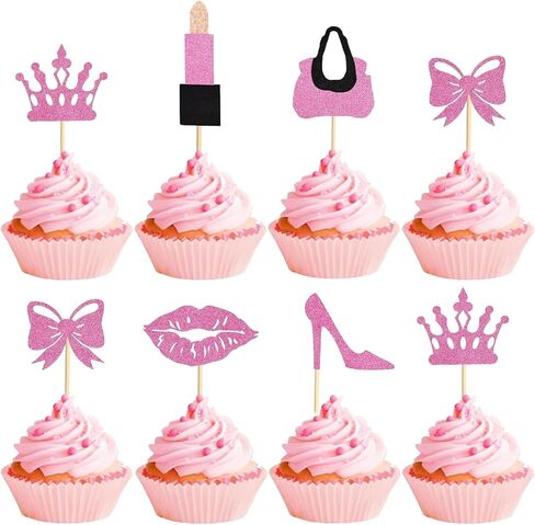 32 PCS Glitter Pink Princess Cupcake Toppers Girl Cupcake Picks Handbag Glasses Bow Tie Lipstick High Heel Cake Decorations for Girl Princess Theme Bridal Shower Wedding Birthday Party Supplies in Saudi Arabia
