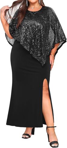 Plus Size Formal Dress - Wedding Guest Long Evening Cocktail Mermaid Dress with Sequin Overlay Cape in Saudi Arabia