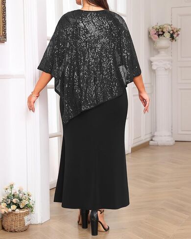 Plus Size Formal Dress - Wedding Guest Long Evening Cocktail Mermaid Dress with Sequin Overlay Cape in Saudi Arabia