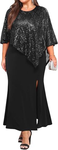 Plus Size Formal Dress - Wedding Guest Long Evening Cocktail Mermaid Dress with Sequin Overlay Cape in Saudi Arabia