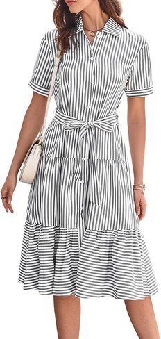 Brovave Summer Midi Dress للنساء: زر مخطط أسفل الملابس غير الرسمية - فساتين الأكمام القصيرة الأنيقة المتدفق in Kuwait