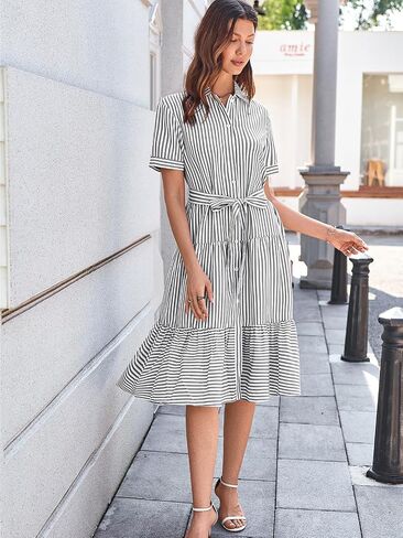 Brovave Summer Midi Dress للنساء: زر مخطط أسفل الملابس غير الرسمية - فساتين الأكمام القصيرة الأنيقة المتدفق in Kuwait