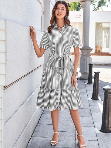 Brovave Summer Midi Dress للنساء: زر مخطط أسفل الملابس غير الرسمية - فساتين الأكمام القصيرة الأنيقة المتدفق in Kuwait