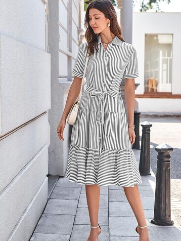 Brovave Summer Midi Dress للنساء: زر مخطط أسفل الملابس غير الرسمية - فساتين الأكمام القصيرة الأنيقة المتدفق in Kuwait