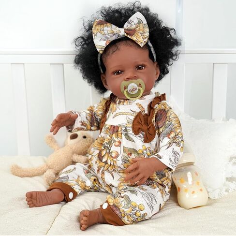 BABESIDE Lifelike Black Baby Doll - 18-Inch Curly Hair Realistic Newborn Reborn Dolls Real Life Baby Dolls with Clothes and Toy Gift for Kids Age 3+ in Saudi Arabia