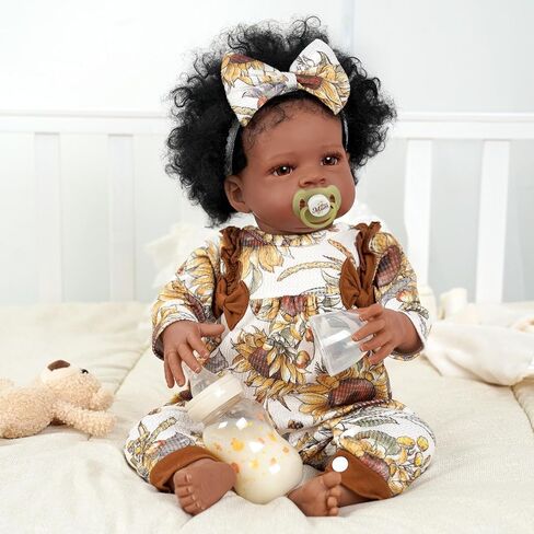 BABESIDE Lifelike Black Baby Doll - 18-Inch Curly Hair Realistic Newborn Reborn Dolls Real Life Baby Dolls with Clothes and Toy Gift for Kids Age 3+ in Saudi Arabia