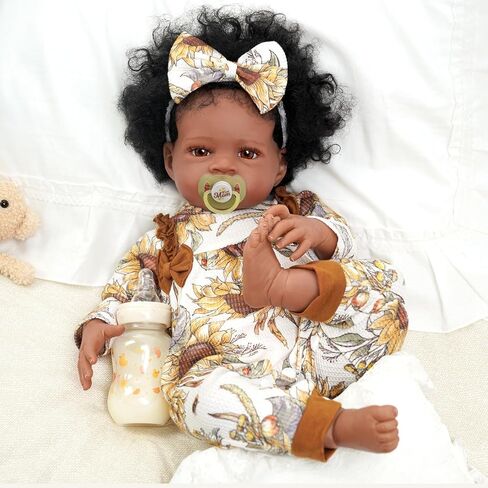 BABESIDE Lifelike Black Baby Doll - 18-Inch Curly Hair Realistic Newborn Reborn Dolls Real Life Baby Dolls with Clothes and Toy Gift for Kids Age 3+ in Saudi Arabia