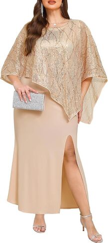 Plus Size Formal Dress - Wedding Guest Long Evening Cocktail Mermaid Dress with Sequin Overlay Cape in Saudi Arabia