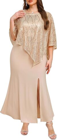 Plus Size Formal Dress - Wedding Guest Long Evening Cocktail Mermaid Dress with Sequin Overlay Cape in Saudi Arabia